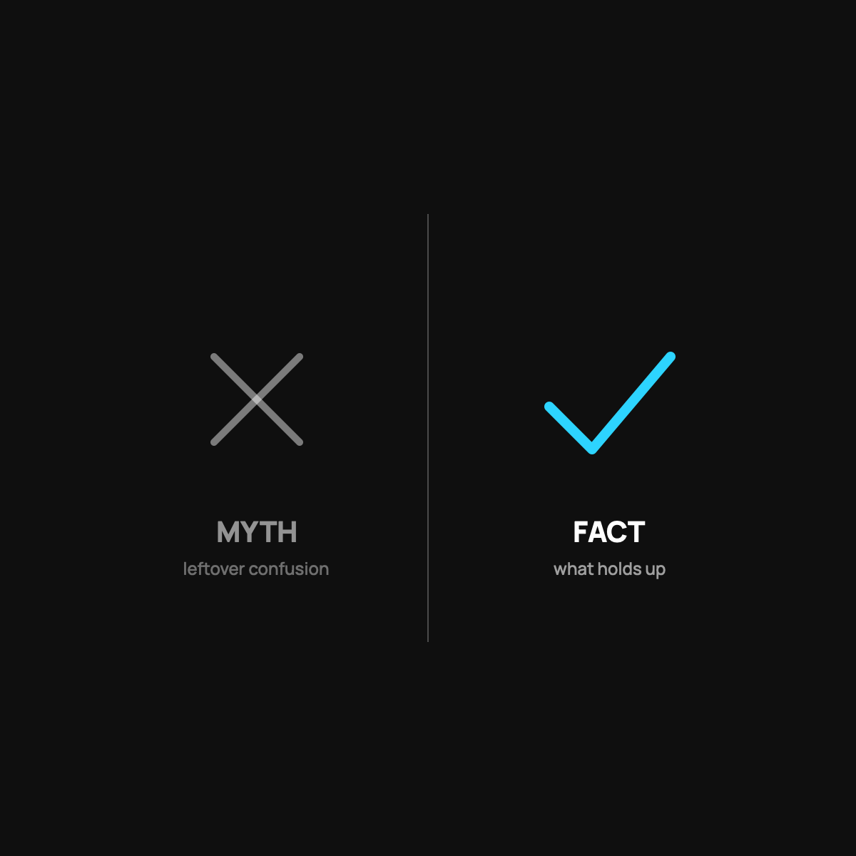 A two-column comparison: a faint white X column labeled myth on the left and a bold cyan check column labeled fact on the right.