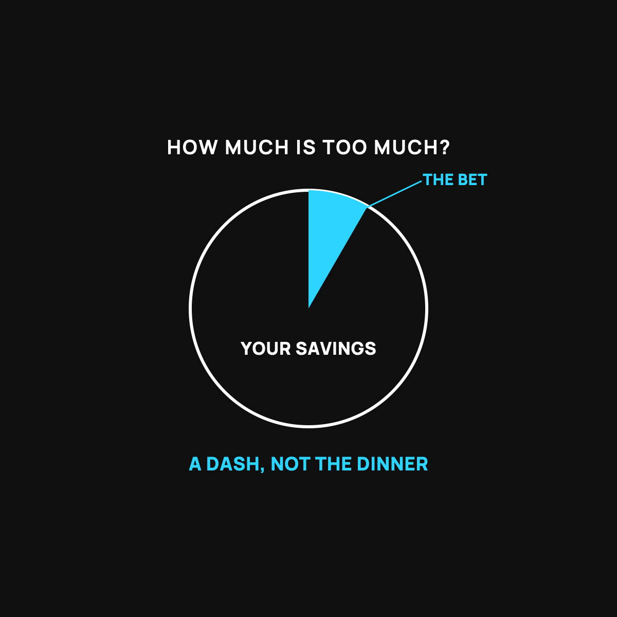 A large white circle labeled your savings with one small cyan slice labeled the bet, showing a swingy investment kept to a small share.