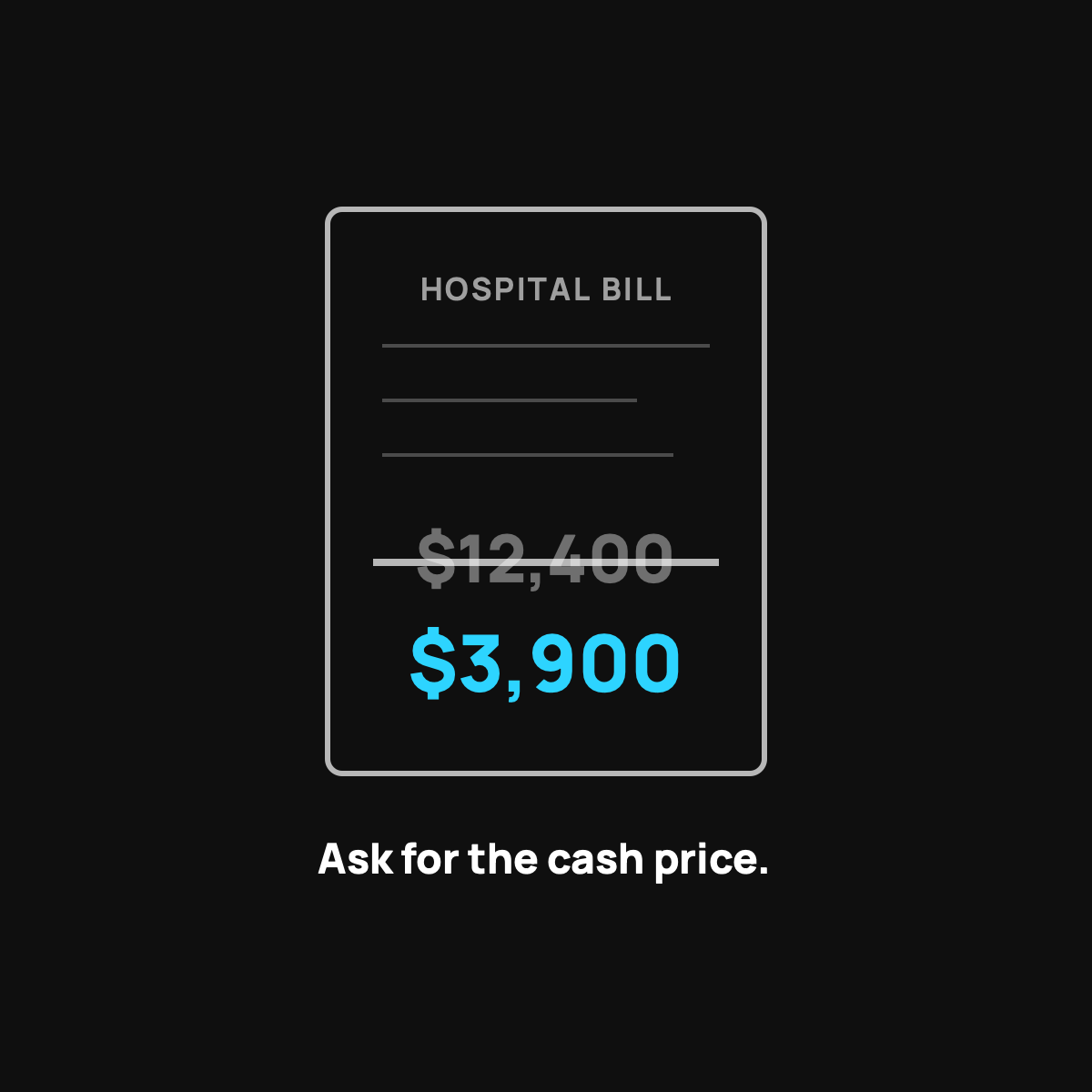 A hospital bill with the large sticker total crossed out in white and a much smaller cyan number written beside it.