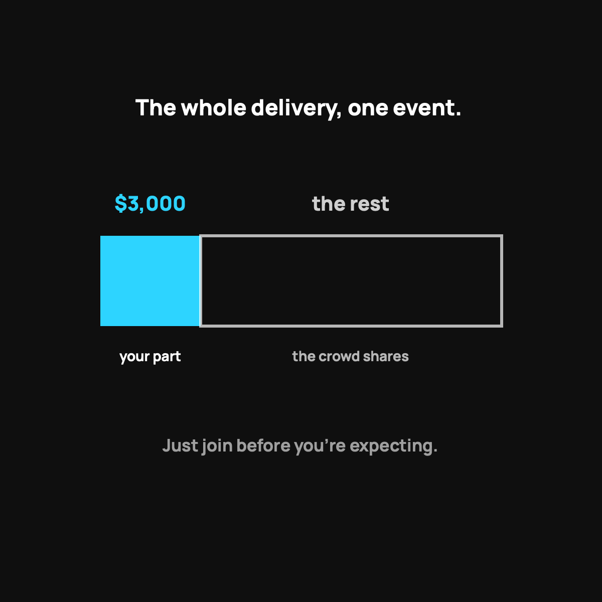 A small cyan block labeled your $3,000 next to a large white block labeled the crowd shares the rest.