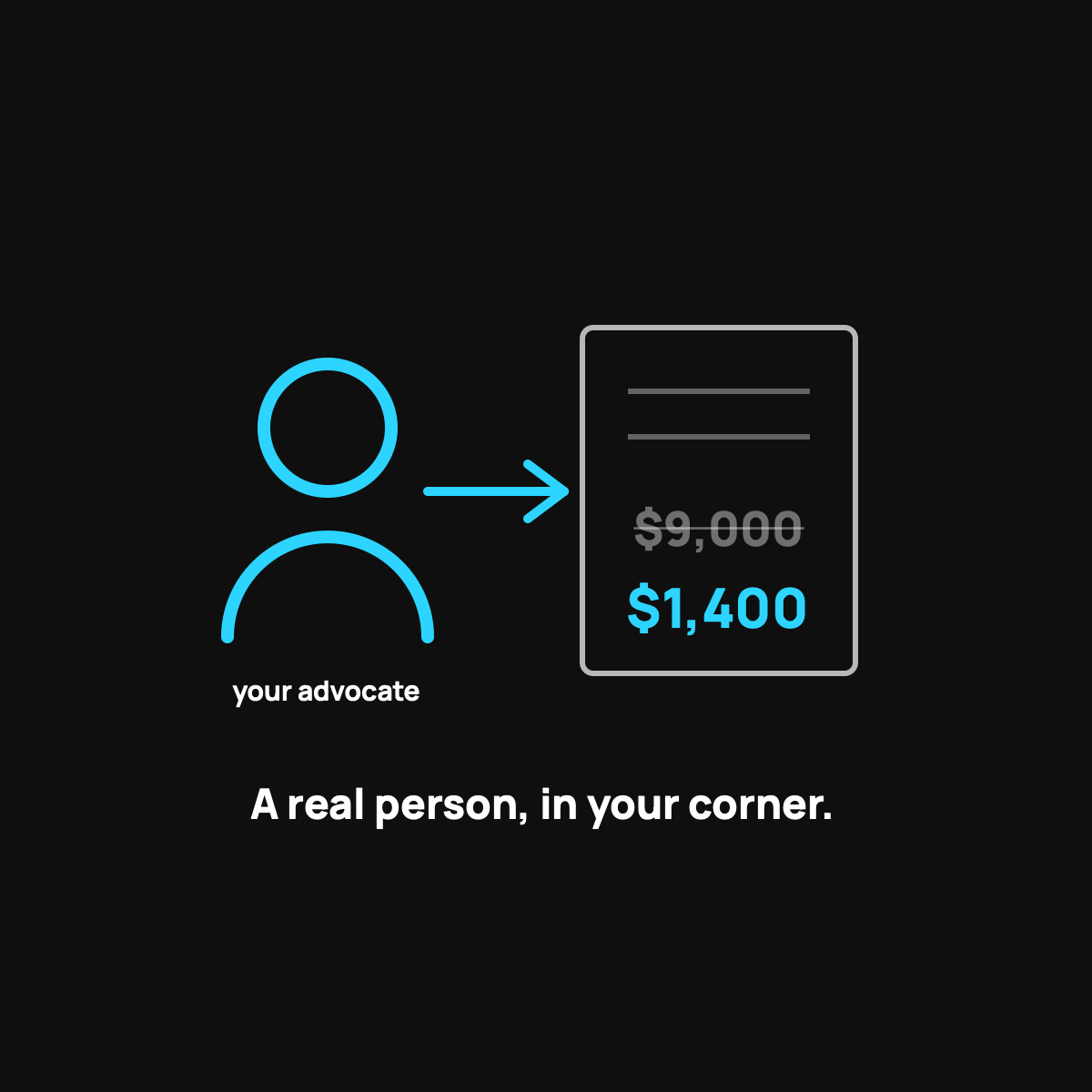 A single cyan person icon standing beside a large bill, with a downward arrow showing the bill total getting smaller.