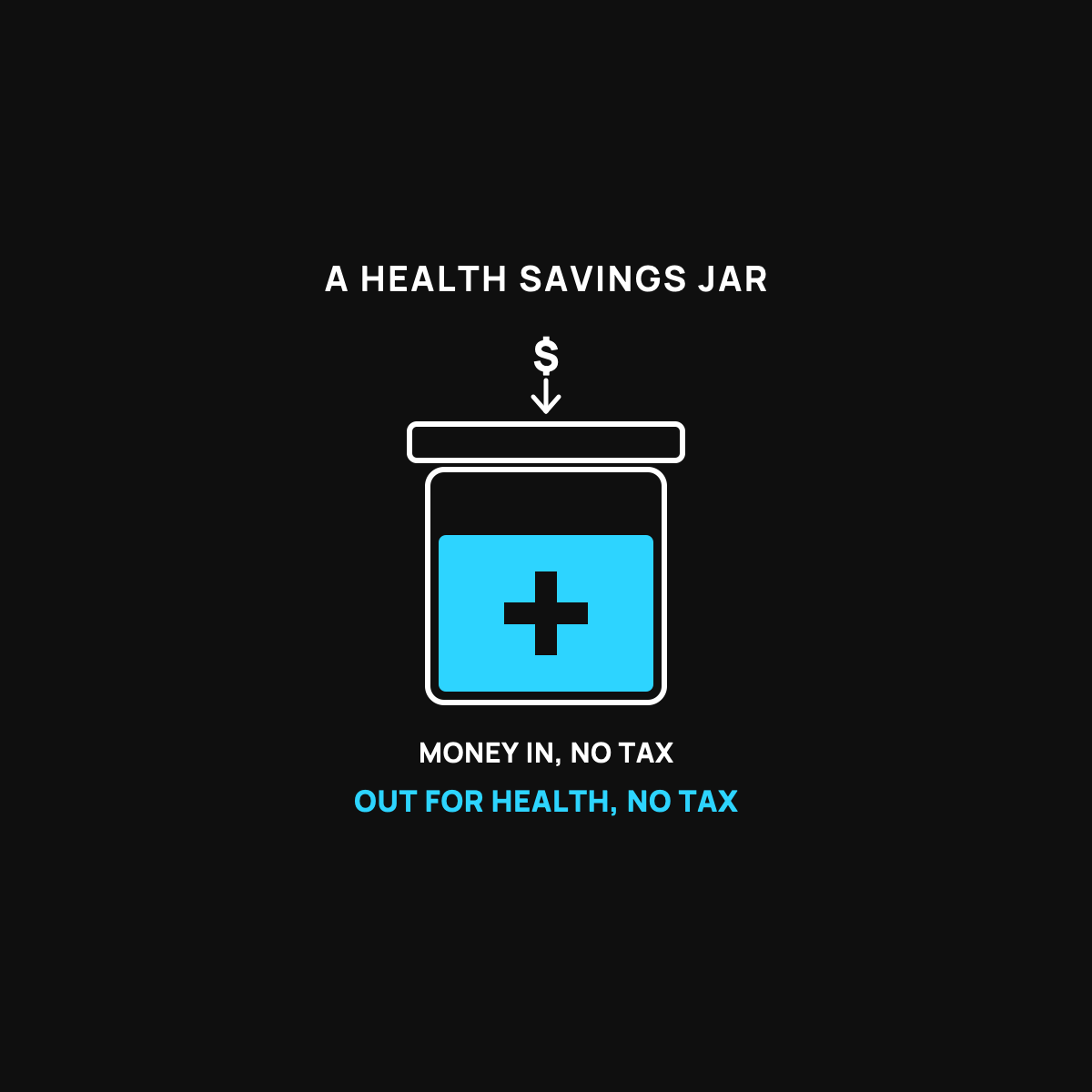 A white jar with a lid, filled at the bottom with cyan, a soft-black health cross on the cyan, and a dollar sign dropping in from above.