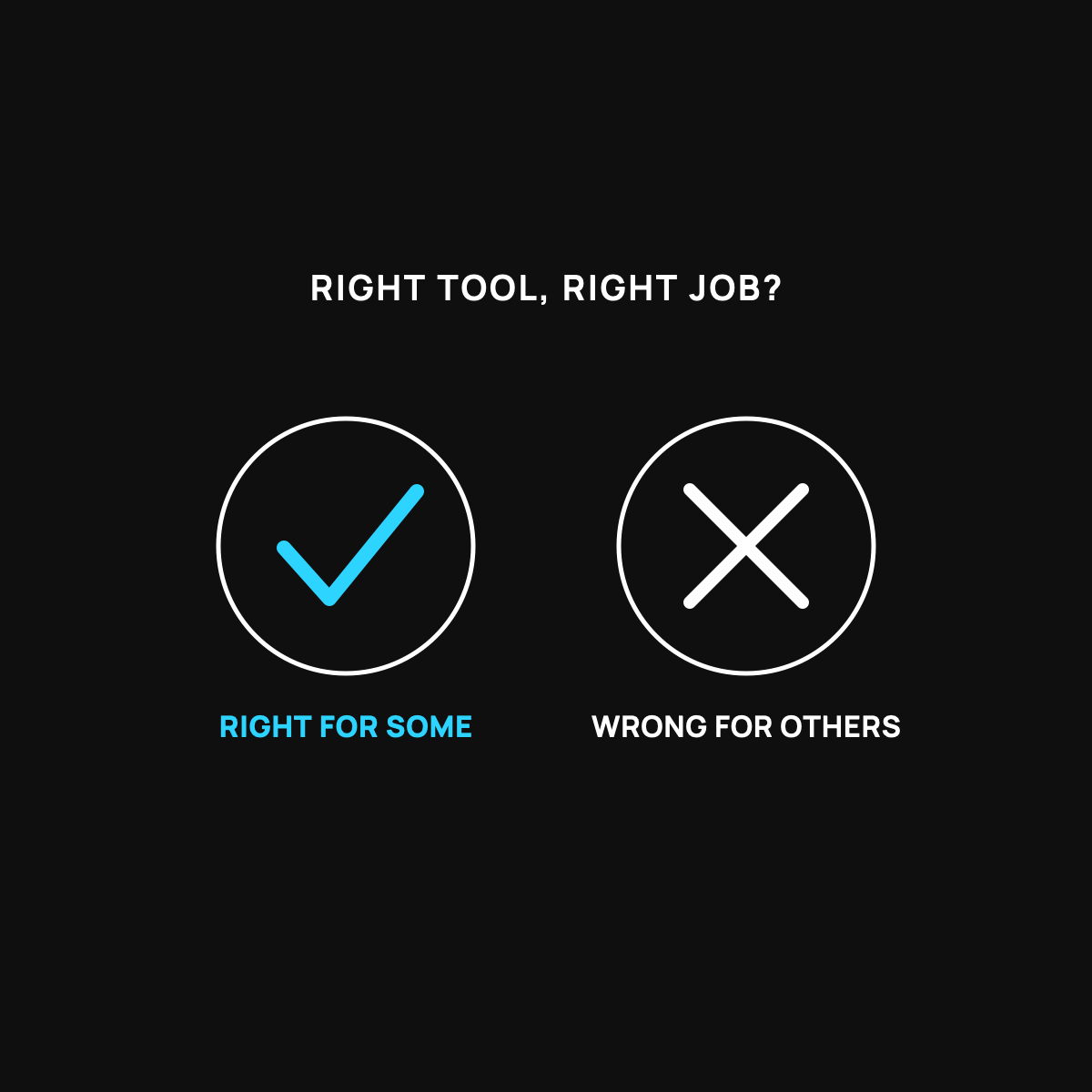Two white circles. The left holds a cyan checkmark labeled right for some; the right holds a white X labeled wrong for others.