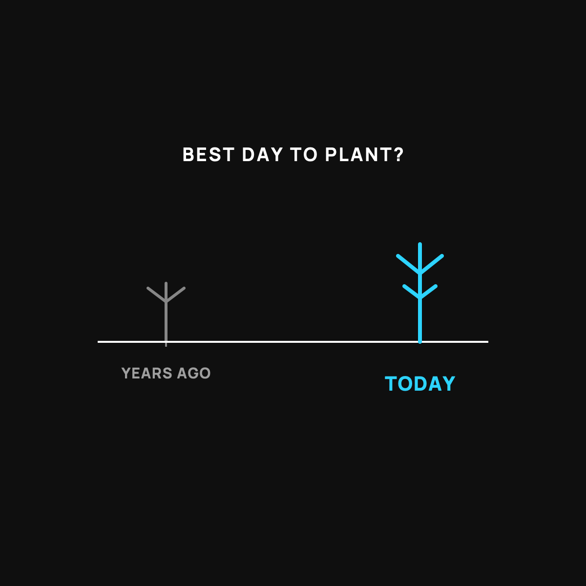 A timeline with a faded white sprout labeled years ago on the left and a taller cyan sprout labeled today on the right.